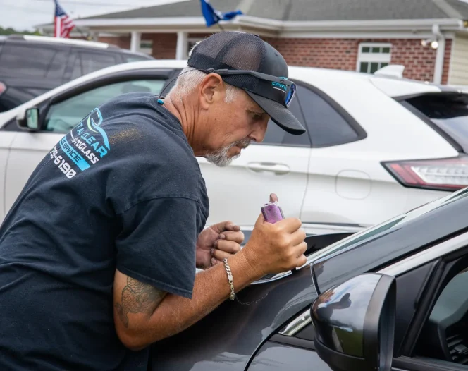 Crystal Clear Auto Glass specialist performing precise hand-tool work on a vehicle windshield seam in Myrtle Beach SC